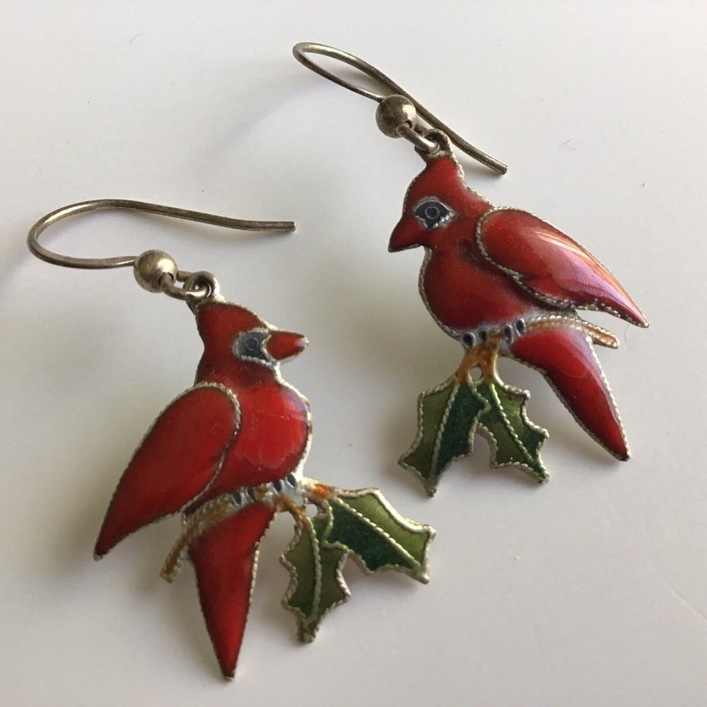 Vintage Zarah Red Cardinal Pierced Earrings Enamel Silver Dangle Tarnished